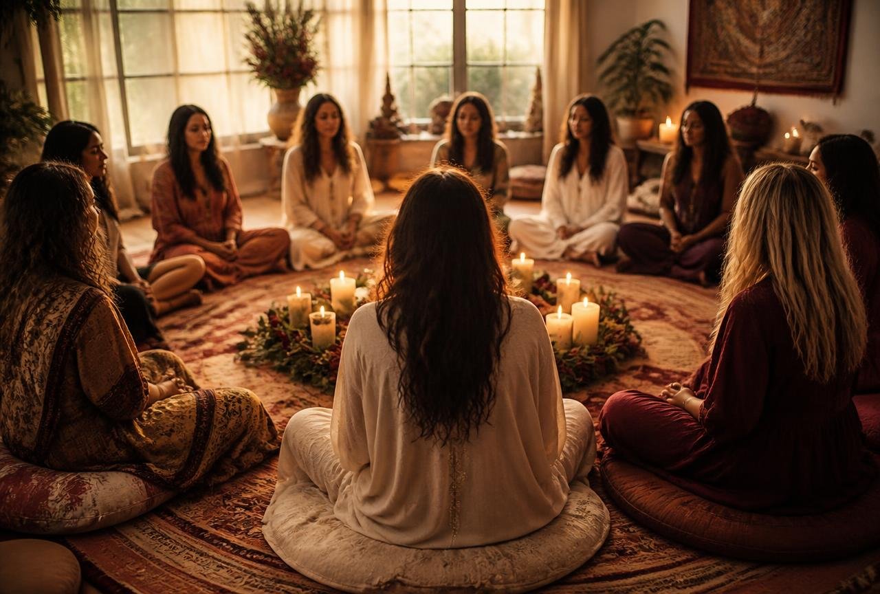 Círculo de mulheres sentadas em uma sala iluminada com velas ao centro