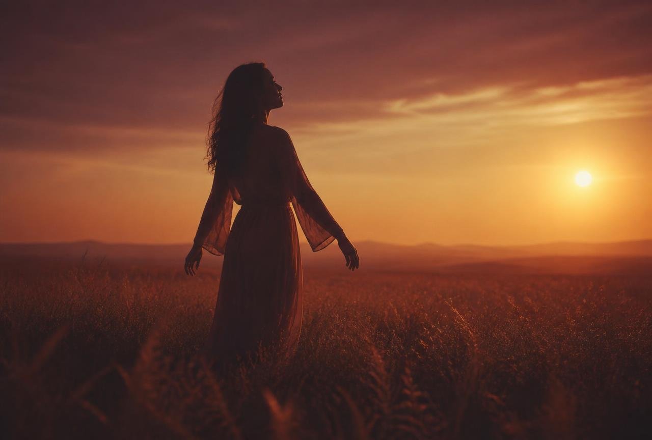 Silhueta de mulher em um campo ao pôr do sol